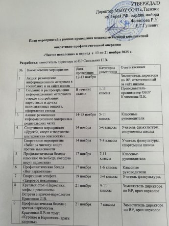 План мероприятий в рамках проведения межведомственной комплексной оперативно-профилактической операции "Чистое поколение"
